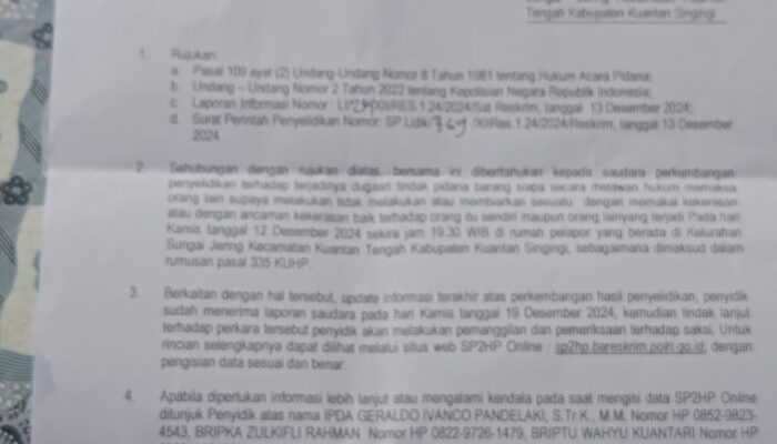 Polres Kuantan Singingi Terbitkan SP2HP Terkait Dugaan Tindak Pidana di Teluk Kuantan
