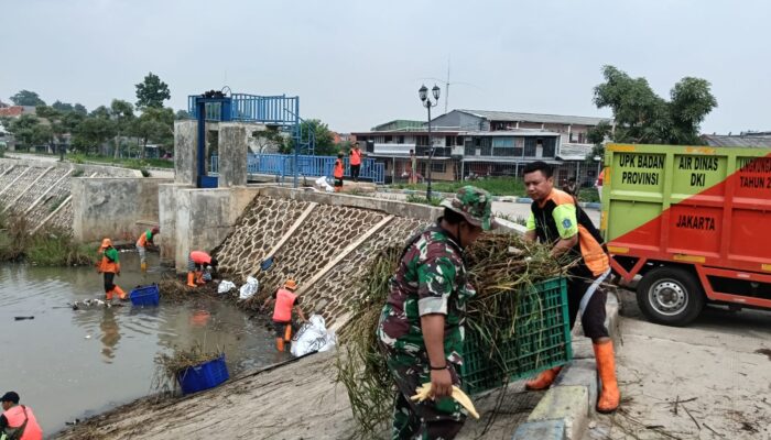 Babinsa Dukuh Bersama Warga dan PPSU Bersihkan Waduk Dukuh.  Kodim 0505/Jakarta Timur – Bertempat di