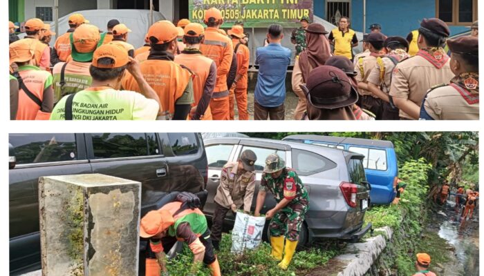 Kolaborasi Kodim 0505/JT Bersama Tiga Pilar Karya Bakti Bersihkan Kali PHB Pondok Kopi
