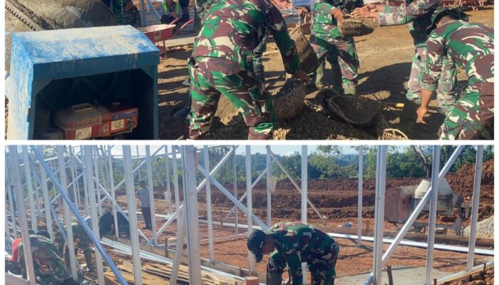 Kodim 0306/50 Kota Laksanakan Karya Bhakti Pembangunan Huntara Di Gunuang Omeh